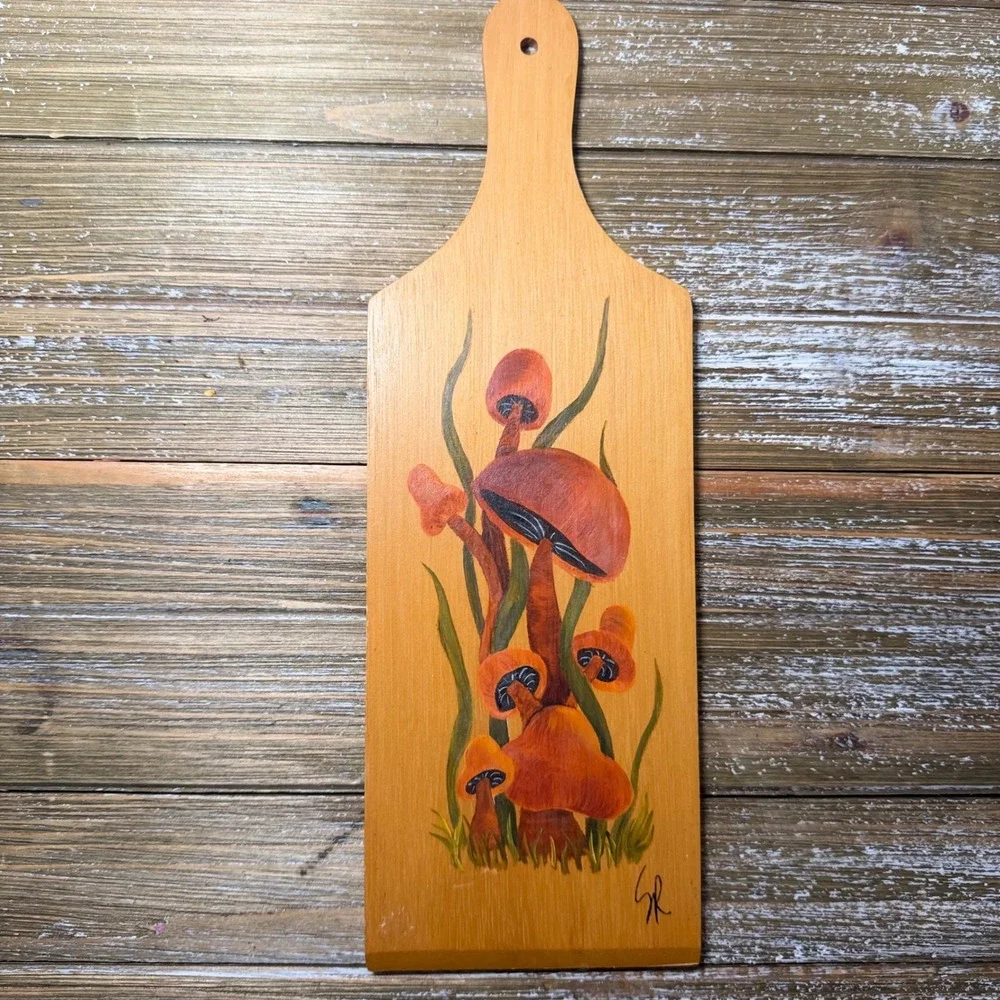 Vintage Mushroom Painted Board 1970s Cottagecore Art Boho Farmhouse Grannycore